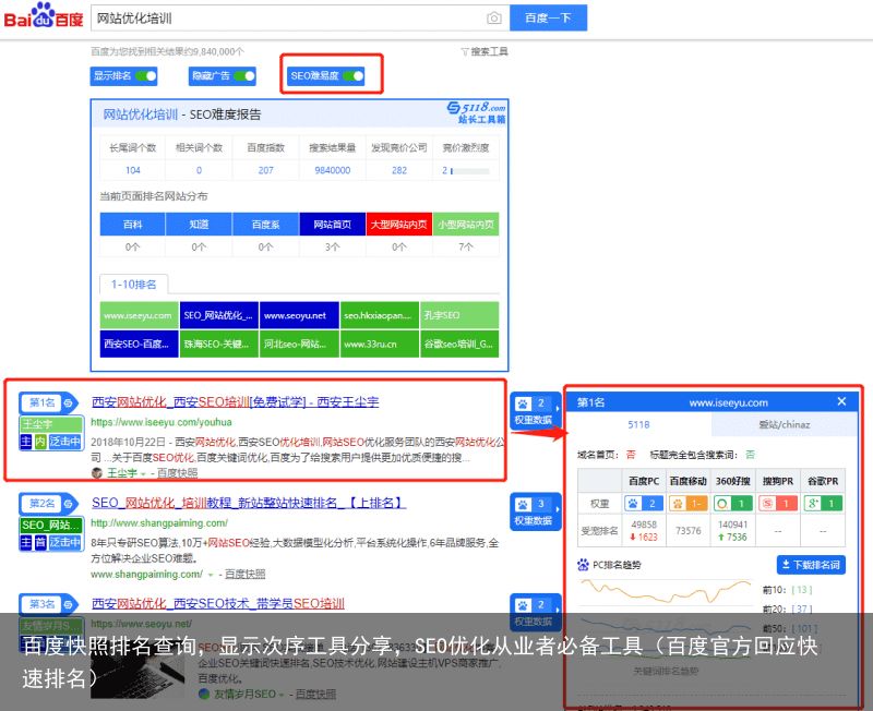 百度快照排名查询，显示次序工具分享，SEO优化从业者必备工具（百度官方回应快速排名）