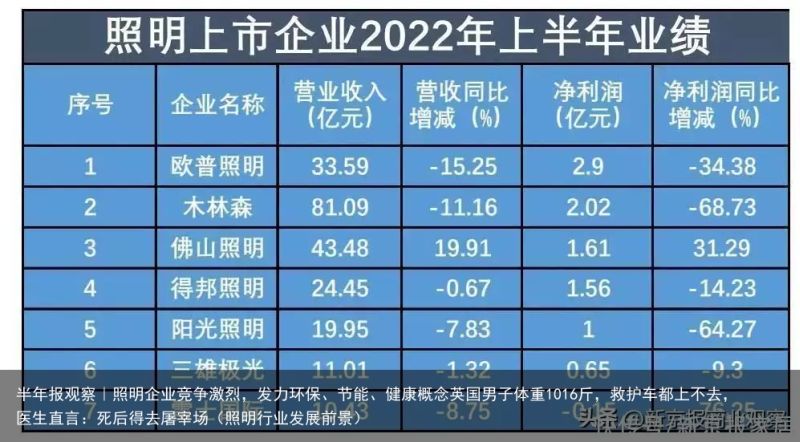 半年报观察｜照明企业竞争激烈，发力环保、节能、健康概念英国男子体重1016斤，救护车都上不去，医生直言：死后得去屠宰场（照明行业发展前景）