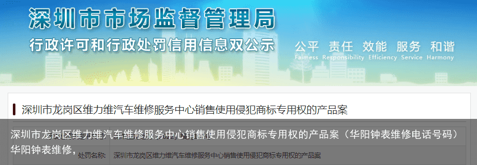 深圳市龙岗区维力维汽车维修服务中心销售使用侵犯商标专用权的产品案（华阳钟表维修电话号码）华阳钟表维修，