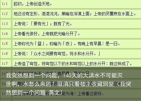 我突然想到一个问题，140天的大洪水不可能灭世啊，水怎么来的？取消只看楼主收藏回复（我突然想到一个问题 英文）