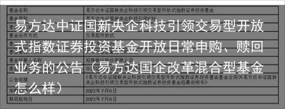 易方达中证国新央企科技引领交易型开放式指数证券投资基金开放日常申购、赎回业务的公告（易方达国企改革混合型基金怎么样）