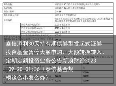 泰信添利30天持有期债券型发起式证券投资基金暂停大额申购、大额转换转入、定期定额投资业务公告新浪财经2023-09-20 01:36（泰信基金规模这么小怎么办）