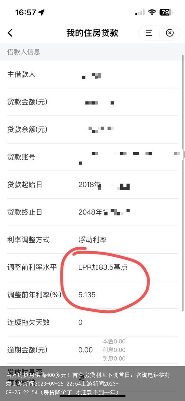 百万房贷月供降400多元！首套房贷利率下调首日：咨询电话被打爆上游新闻2023-09-25 22:54上游新闻2023-09-25 22:54（房贷降价了,才还款不到一年）